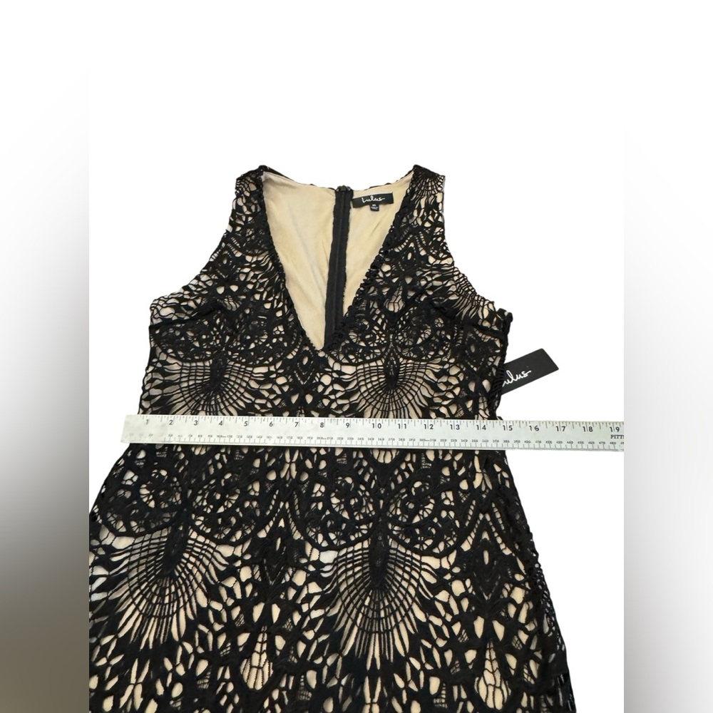 Lulu's Black & Gold Lace-Overlay Deep V Mini Dress - Picture 15 of 16